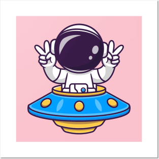 Cute Astronaut Riding UFO With Peace Sign Cartoon Posters and Art